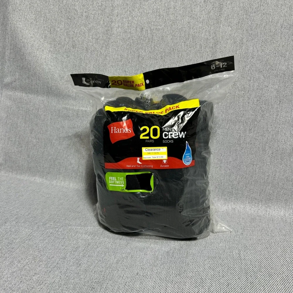 Hanes Men Crew Socks 20 Pairs Size 6-12 Black Moisture Wicking Cushioned New